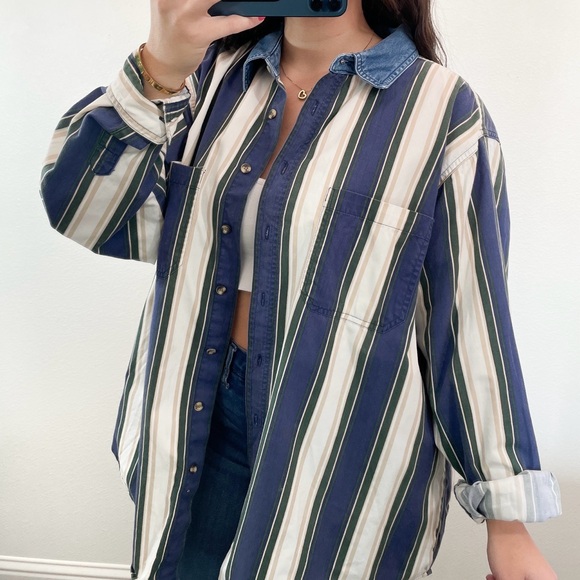 Vintage blue, green, and white tan striped button down shirt - Picture 2 of 3